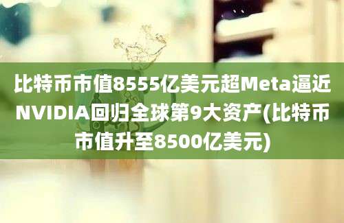 比特币市值8555亿美元超Meta逼近NVIDIA回归全球第9大资产(比特币市值升至8500亿美元)